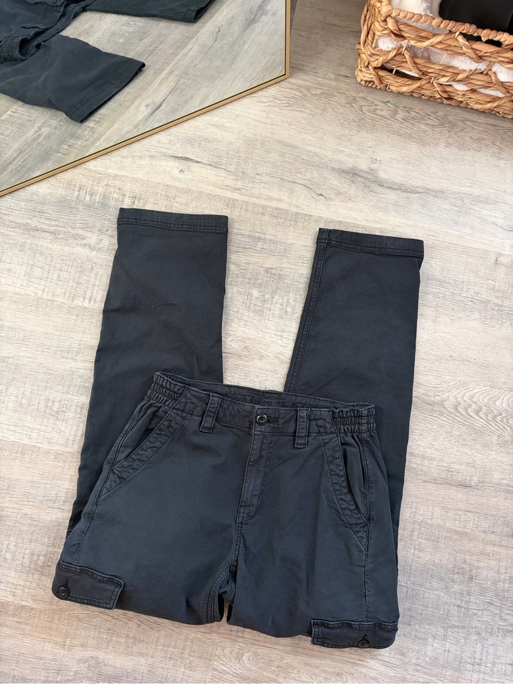 American Eagle Washed Black Cargo Pants Elastic Waist 2
